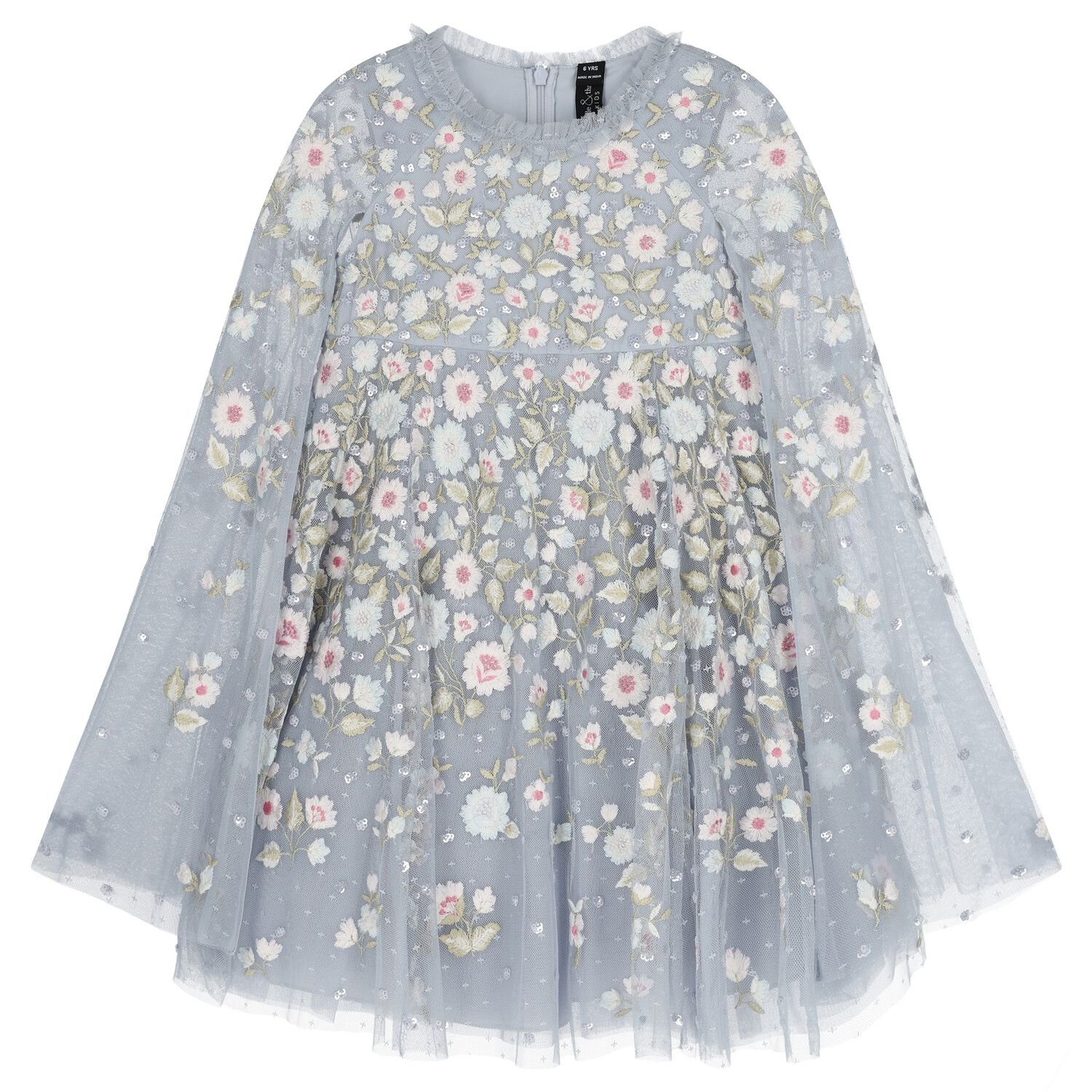 Girls Blue Floral Tulle Cape Dress, 1, hi-res