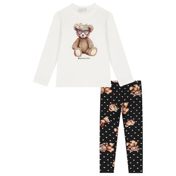 Girls Ivory & Black Teddy Bear Leggings Set