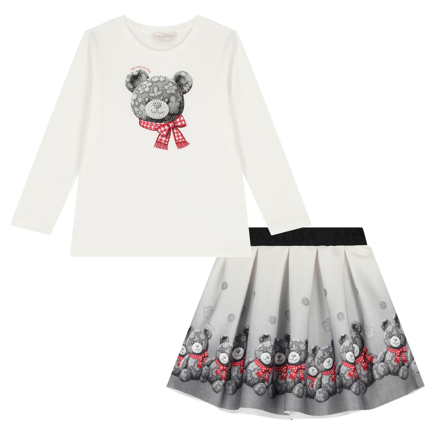 Girls Ivory & Grey Teddy Bear Skirt Set, 1, hi-res