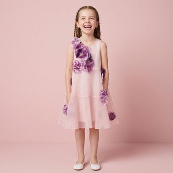 Girls Pink 3D Floral Organza Dress