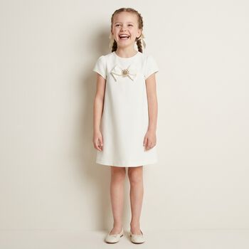 Girls White Bow Diamante Dress