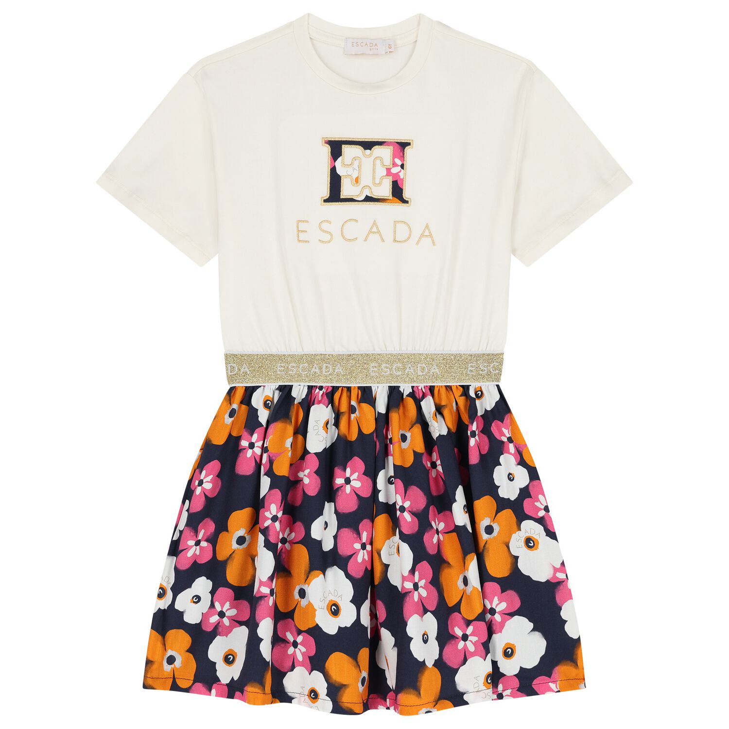 Girls Ivory & Navy Blue Logo Floral Dress, 1, hi-res