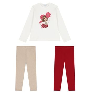 Girls Ivory, Red & Beige Leggings Set