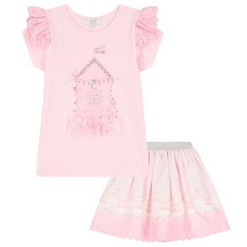 Girls Pink Broderie Anglaise Skirt Set