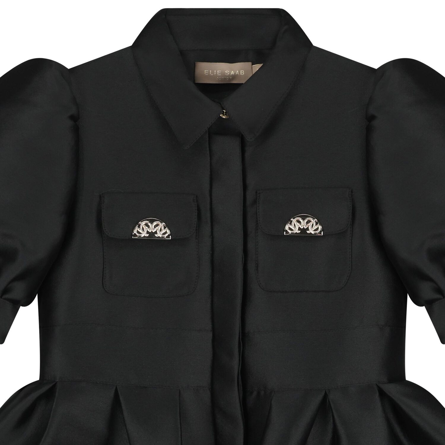 Girls Black Satin Puff Sleeve Dress, 2, hi-res