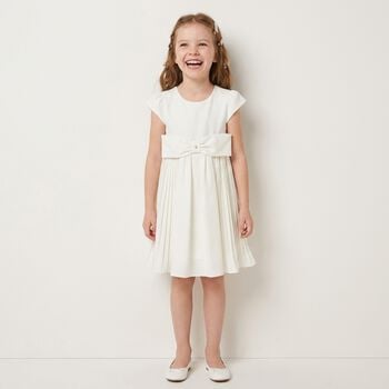 Girls White Bow Pleated Dress
