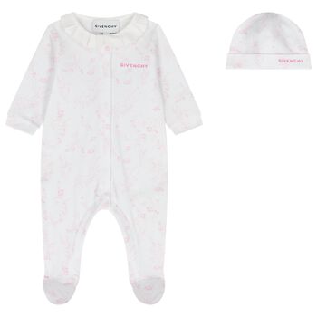 Baby Girls White & Pink Toile de Jouy Babygrow Gift Set