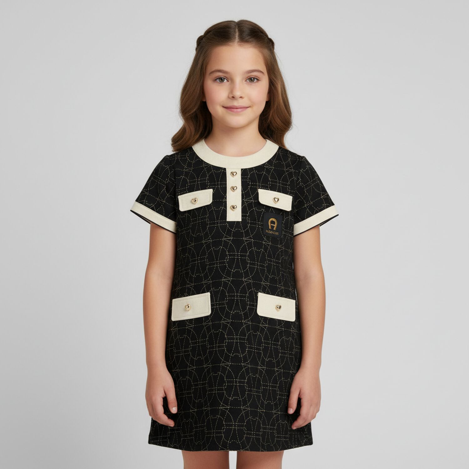 Girls Black & Ivory Logo Dress, 2, hi-res image number null