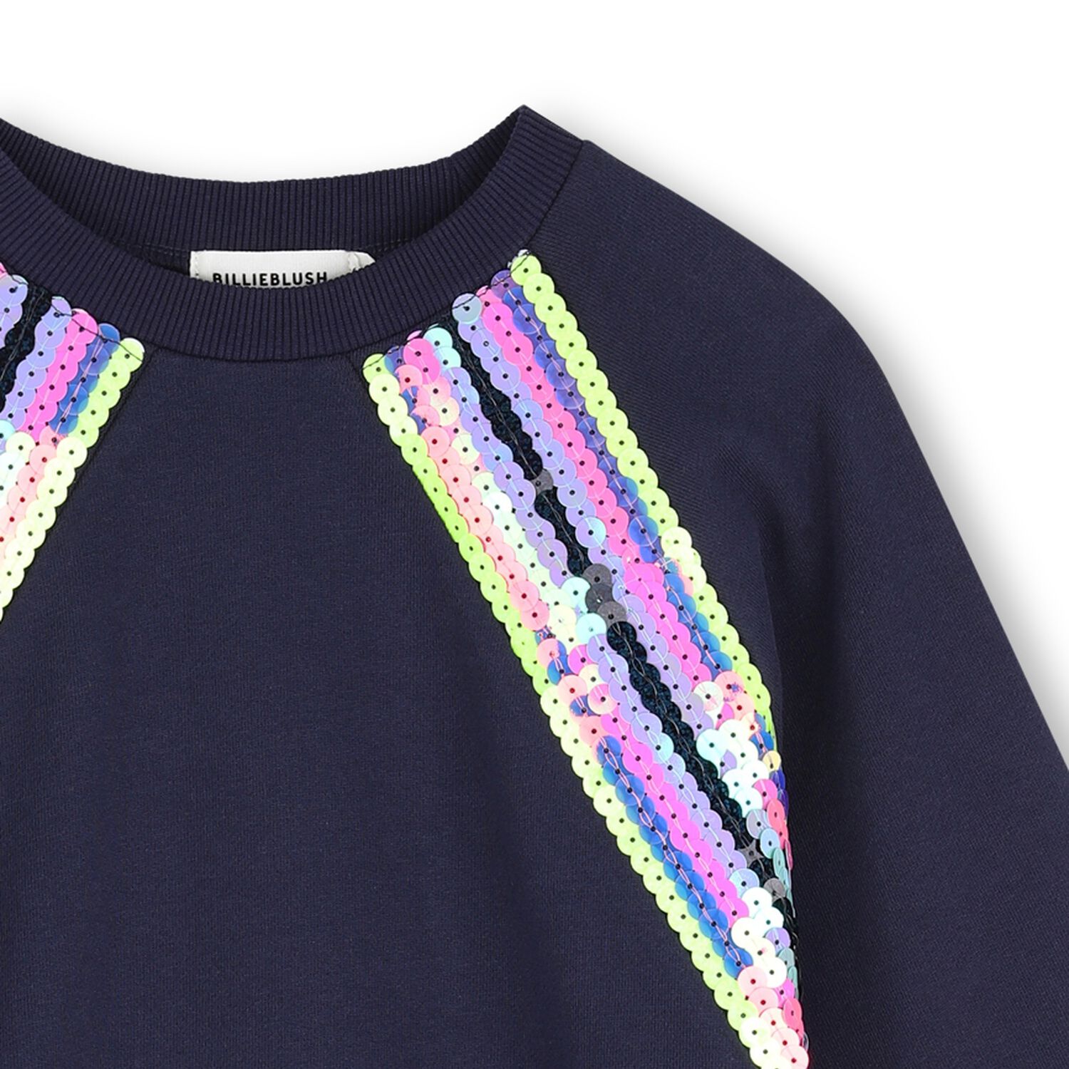 Girls Navy Blue Sequin Sweatshirt Dress , 1, hi-res