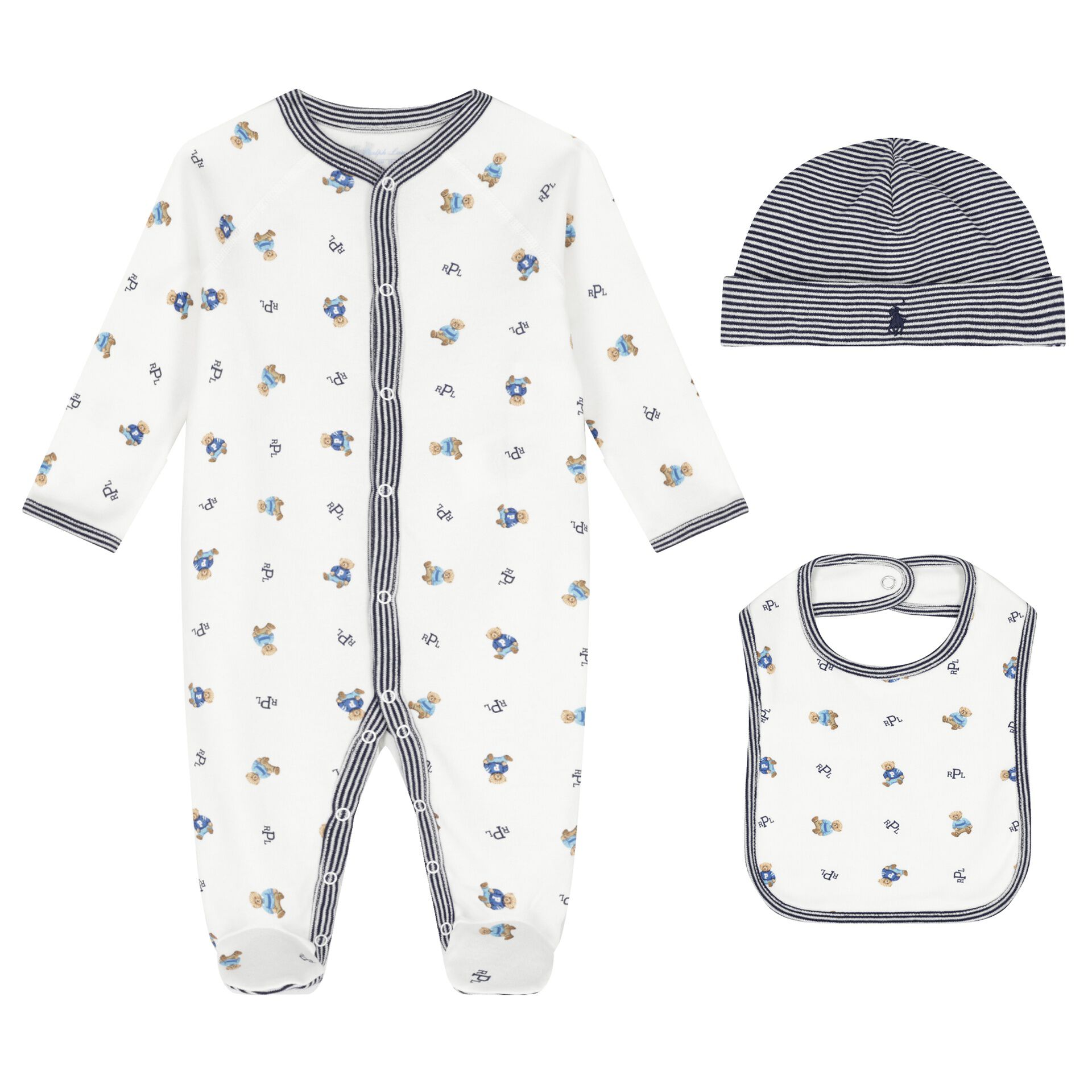 Ralph Lauren Baby Boys White Navy Blue Logo Babygrow Gift Set Junior Couture