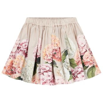 Girls Pink & Ivory Striped Floral Skirt