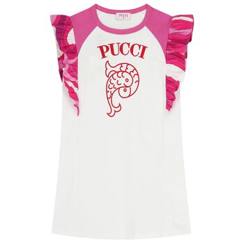 Girls White & Pink Logo Ruffled Dress