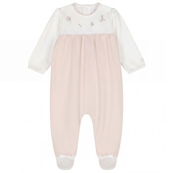 بدلة للبنات مزينة بنقوش زهور باللون الأبيض والبيج