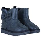 Girls Metallic Blue Faux Leather Bow Boots, 3, hi-res