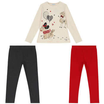 Girls Ivory, Red & Grey Leggings Set