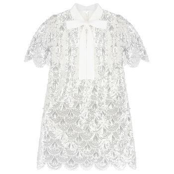 Girls White Embellished Sequin Dress