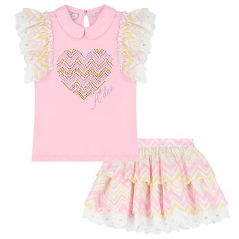 Girls Pink & White Heart Skirt Set