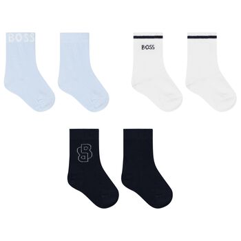 Baby Boys White & Navy Blue Logo Socks ( 3-Pack )