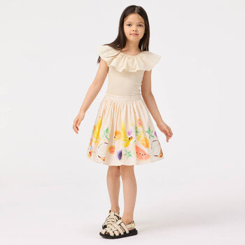 Girls Beige Ruffled Collar T-Shirt