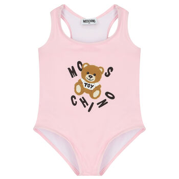 Girls Pink Teddy Logo Swimsuit