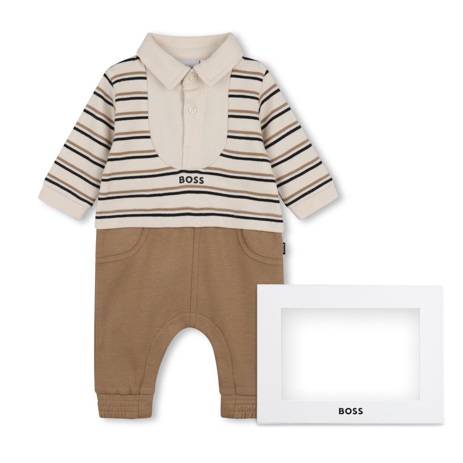 Baby Boys Beige Logo Striped Romper , 1, hi-res