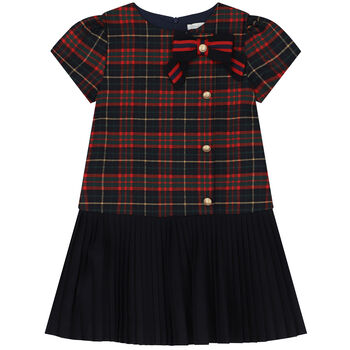 Girls Navy Blue & Red Tartan Pleated Dress