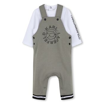 Younger Boys Green & White Ikonik Karl Dungarees Set 