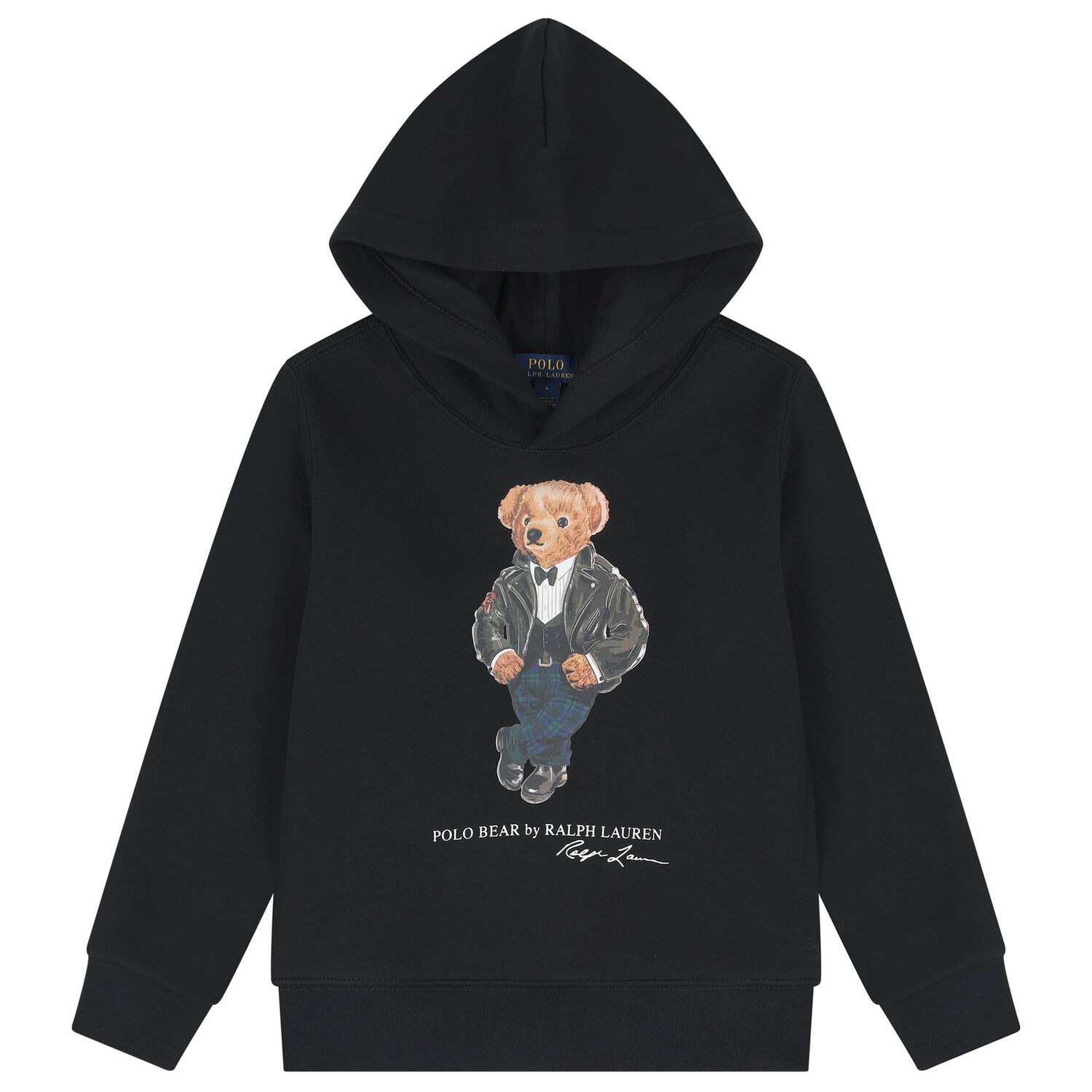 Boys Black Polo Bear Hooded Top, 1, hi-res
