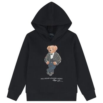 Boys Black Polo Bear Hooded Top