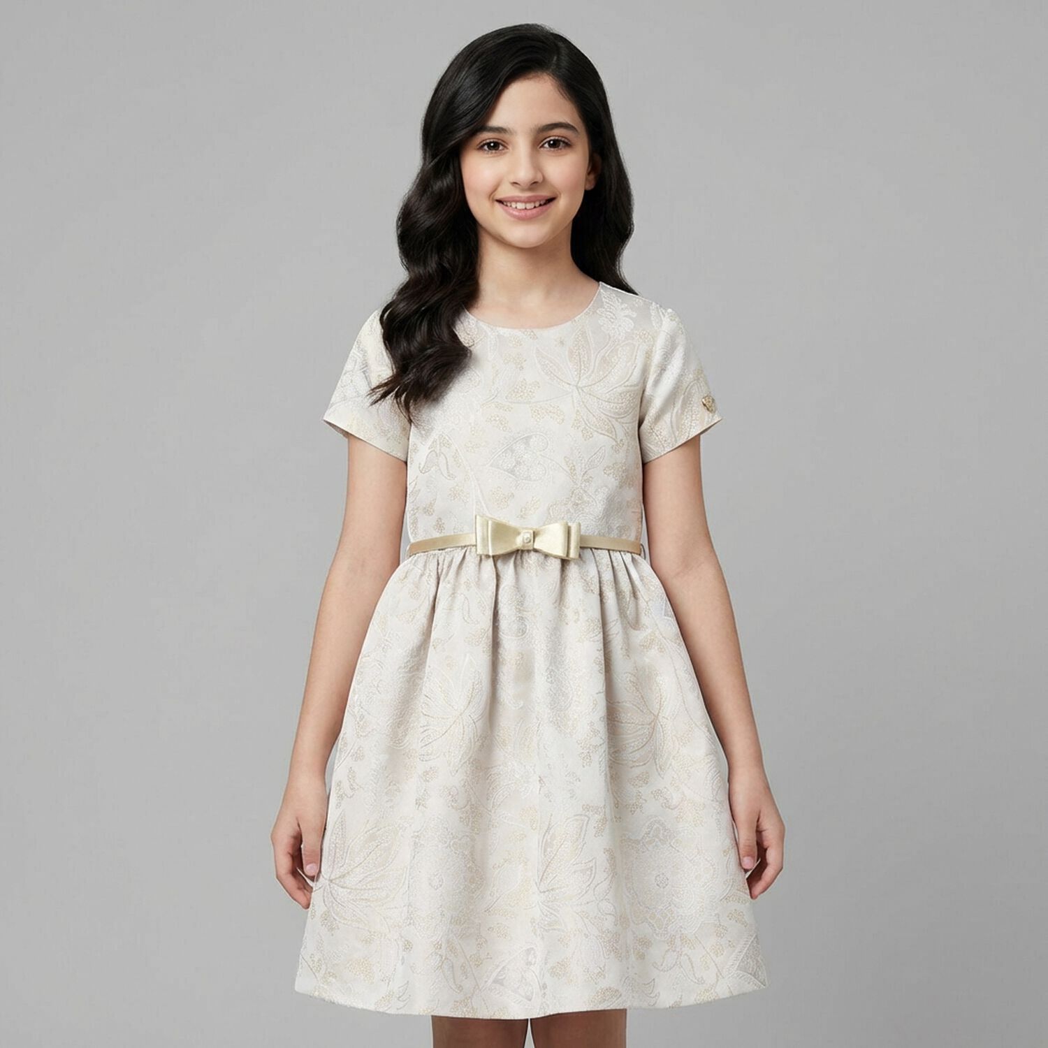 Girls Beige & Gold Floral Dress, 1, hi-res