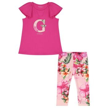 Girls Pink Floral Logo Leggings Set