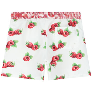 Boys White & Red Raspberries Swim Shorts