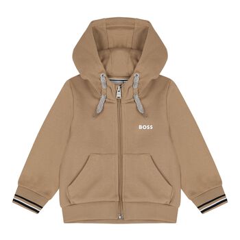 Younger Boys Beige Logo Hooded Zip Up Top