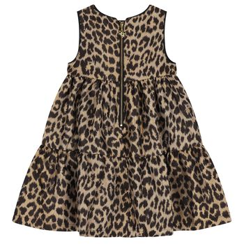 Girls Beige & Black Leopard Tiered Dress