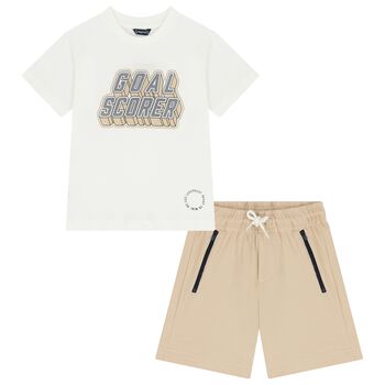 Boys White & Beige Shorts Set