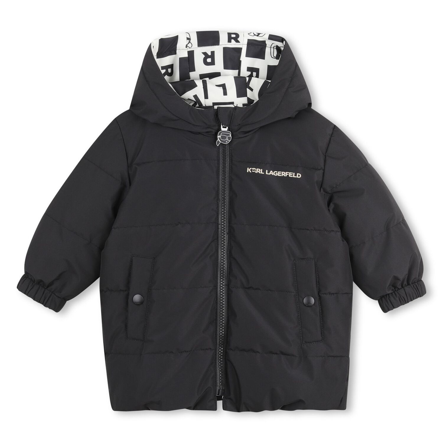 Younger Boys White & Black Ikonik Karl Reversible Puffer Jacket, 1, hi-res