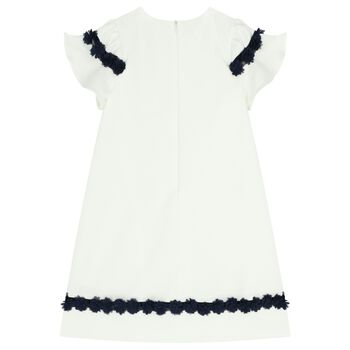 Girls Ivory & Navy Blue Flower Crepe Dress
