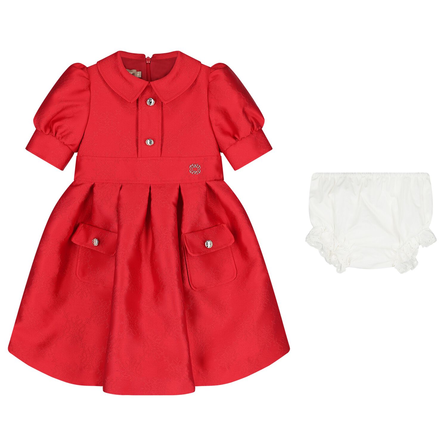 Bany Girls Red Satin Jacquard Logo Dress, 1, hi-res