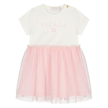 Younger Girls White & Pink Logo Tulle Dress