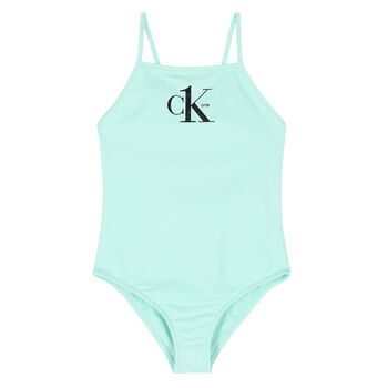 Girls Green Logo Swimsuit