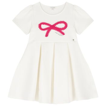 Girls Ivory Logo Pleated Dress