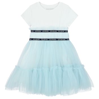فستان بنات تول بالشعار باللون الأبيض والأزرق