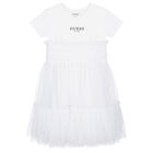 Girls White Logo Tulle Dress, 1, hi-res
