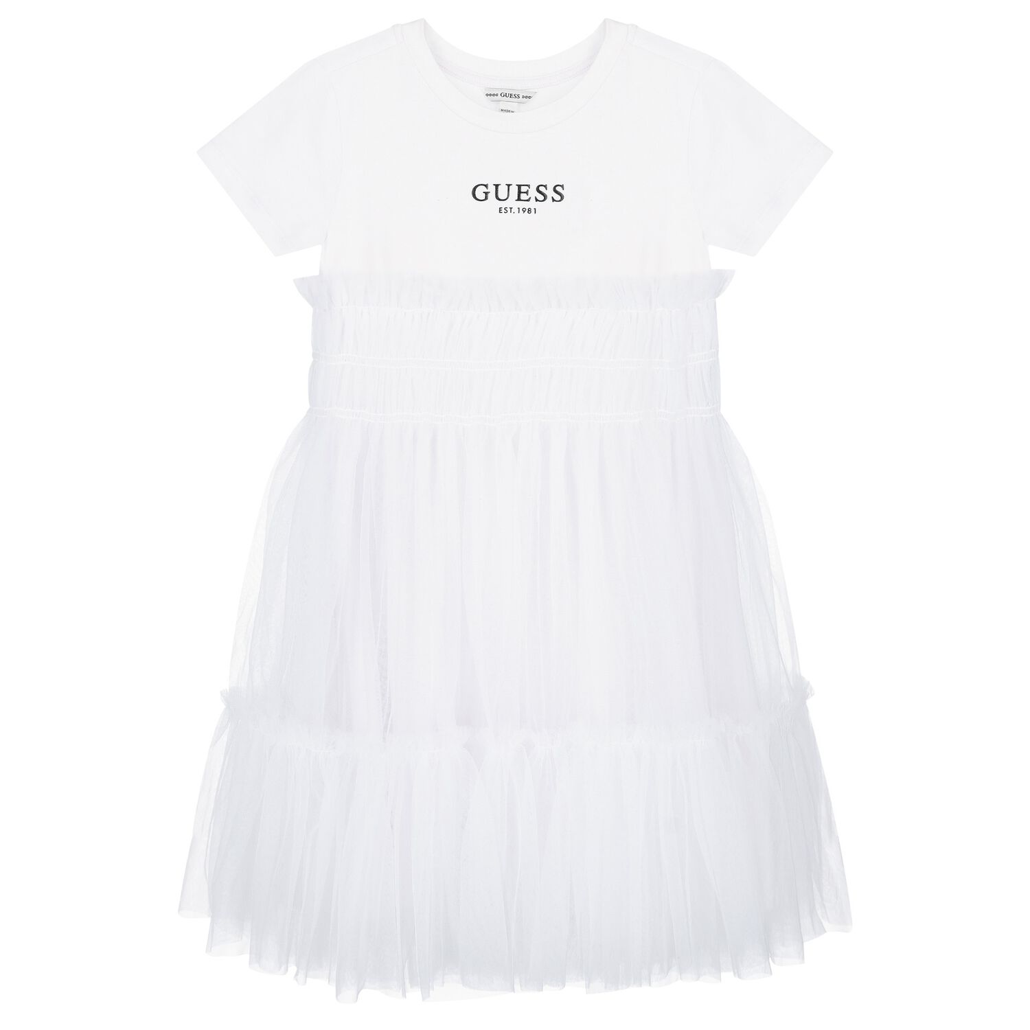 Girls White Logo Tulle Dress, 1, hi-res
