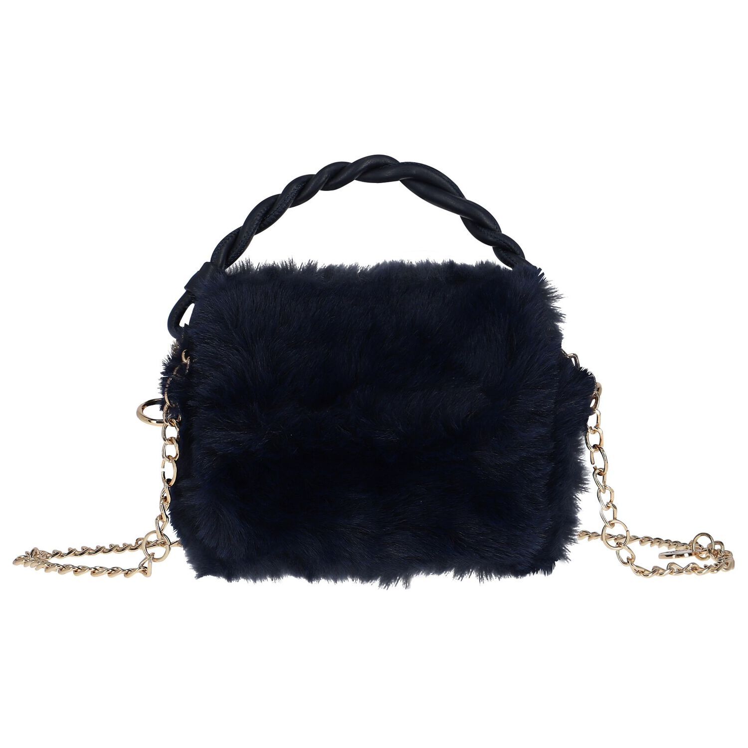 Girls Navy Blue Faux Fur Handbag, 2, hi-res image number null