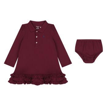 Ralph Lauren Baby Girls Burgundy Ruffled Polo Dress Set, 2 Baby Girls Burgundy Ruffled Polo Dress Set