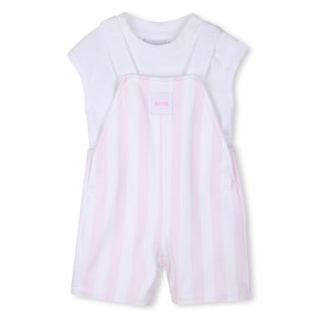 Baby Girls White & Pink Striped Logo Dungaree Set