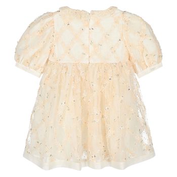 Younger Girls Ivory & Beige Embroidered Tulle Dress