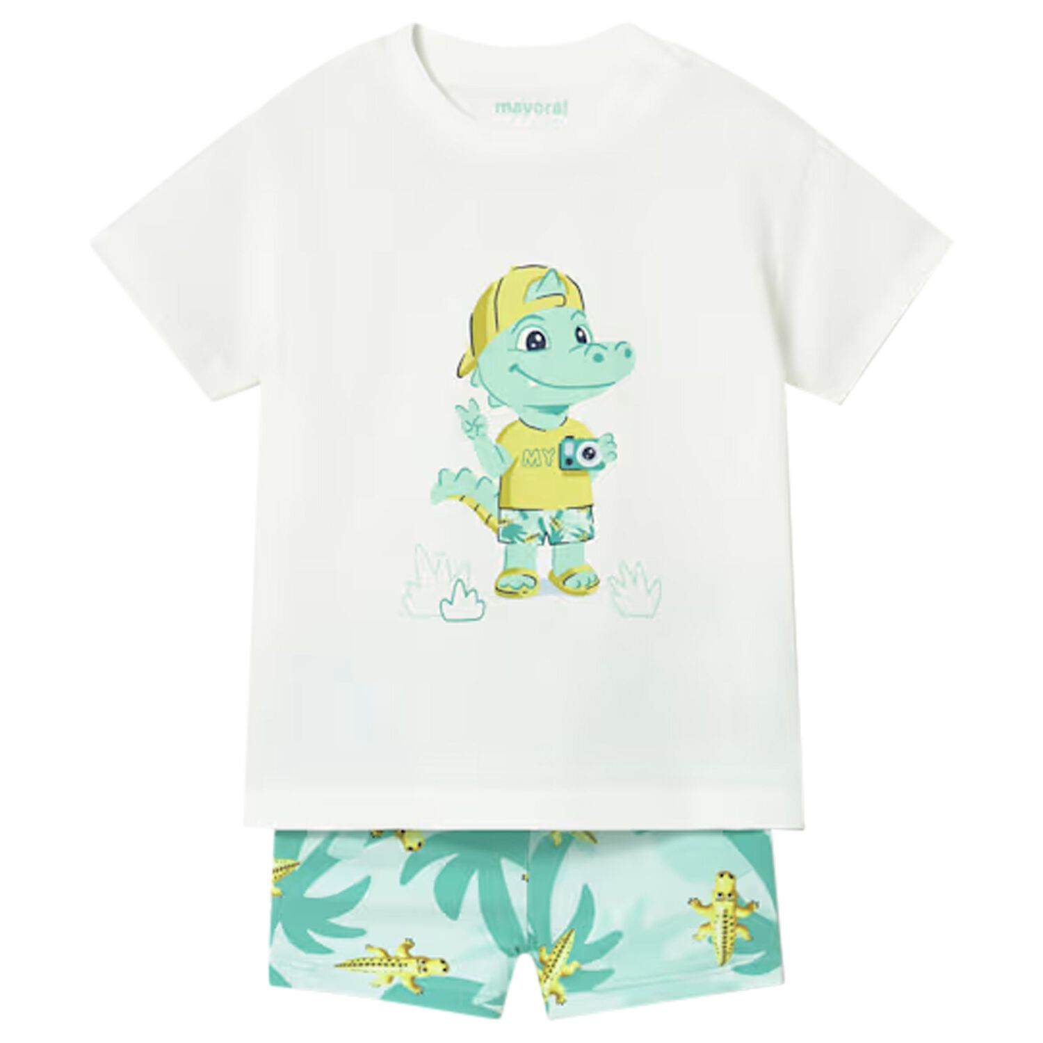 Younger Boys White & Green Crocodile Swim Shorts Set, 1, hi-res