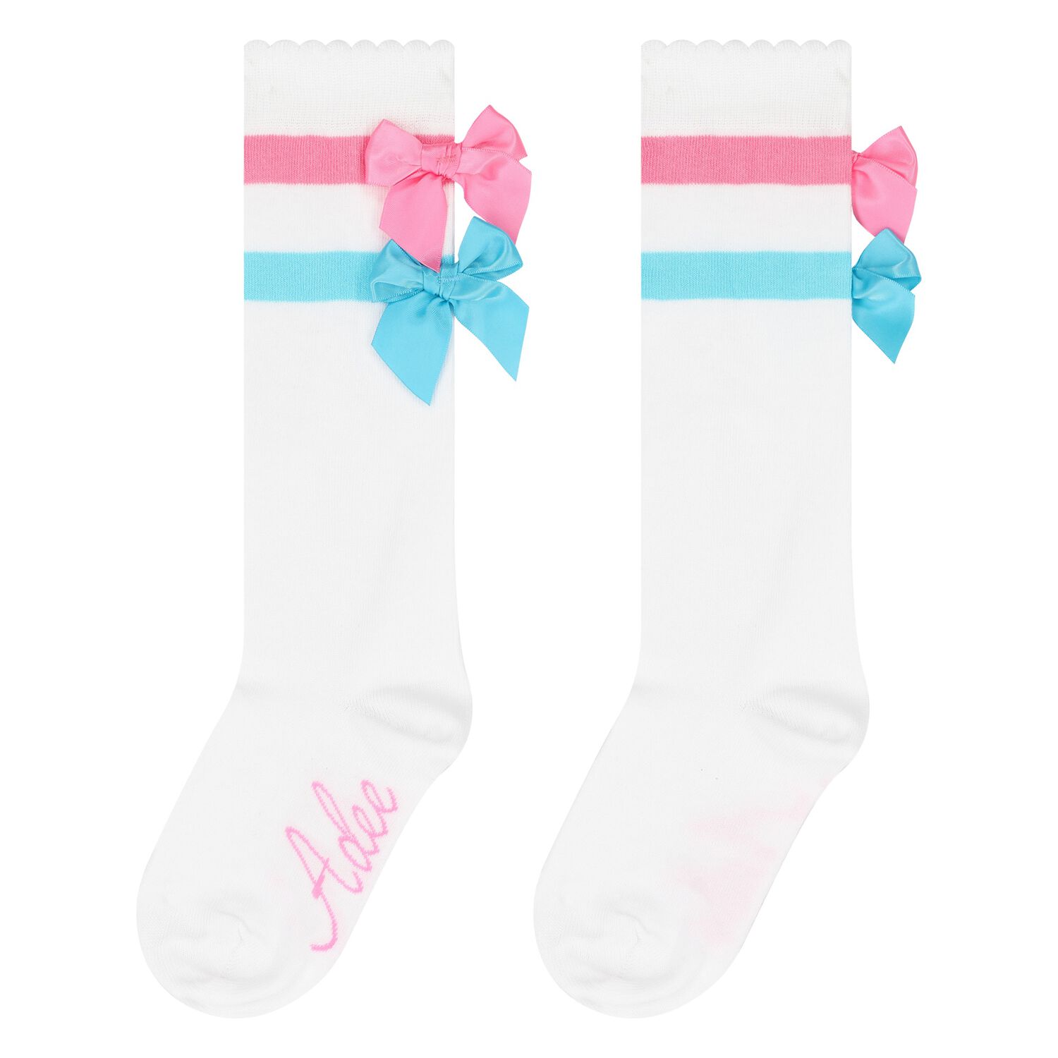 Girls White Cotton Socks With Pink & Blue Bows, 1, hi-res image number null